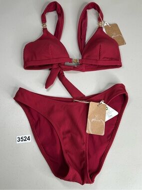 Berlook Bikini Set Small Wine Red Gold Accented Top Full Coverage Bottom New